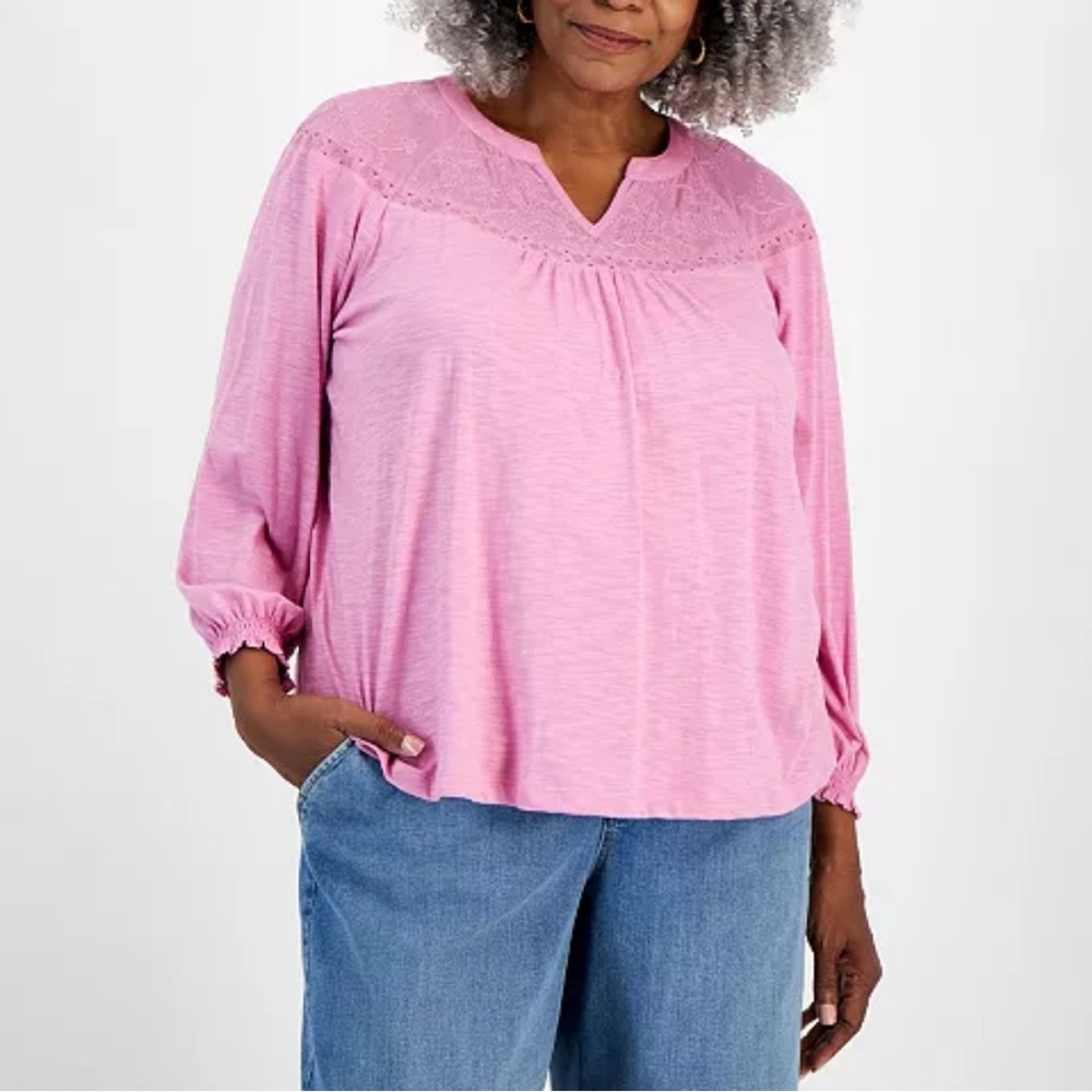 Style & Co for Macy’s, mesh-trimmed, raglan sleeve blouse. Pink Rain. NWT